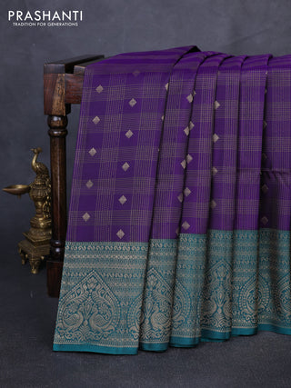 Kanchipuram soft silk saree violet and green with allover zari checks & buttas and long zari woven border