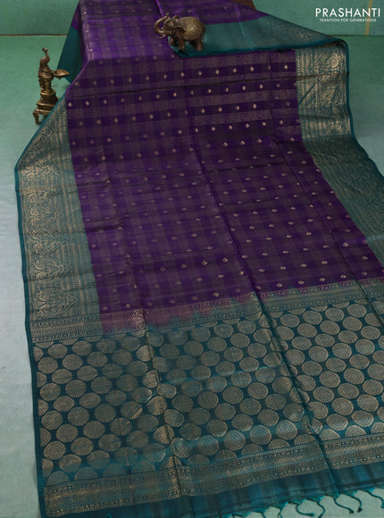 Kanchipuram soft silk saree violet and green with allover zari checks & buttas and long zari woven border