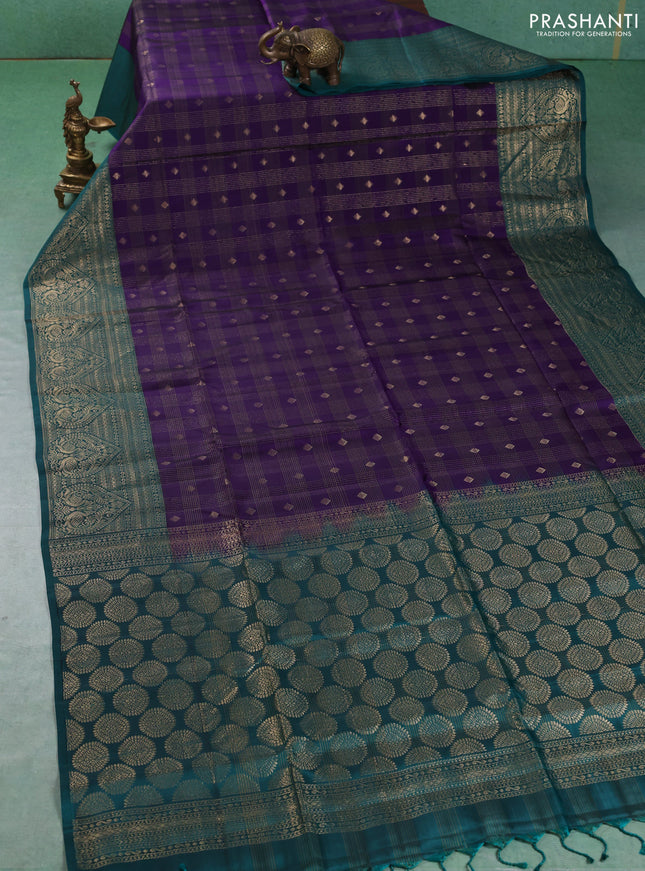 Kanchipuram soft silk saree violet and green with allover zari checks & buttas and long zari woven border