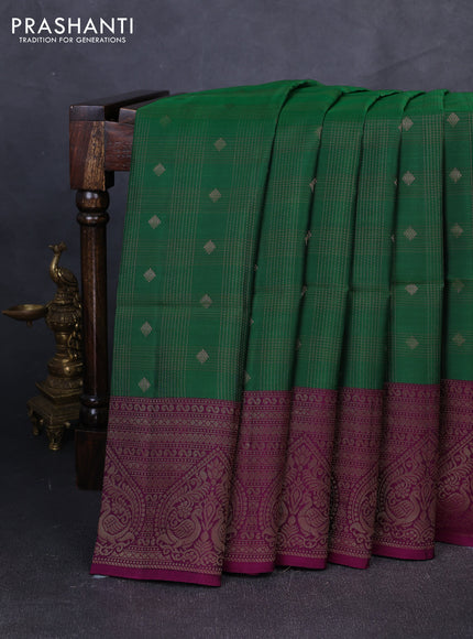 Kanchipuram soft silk saree green and magenta pink with allover zari checks & buttas and long zari woven border