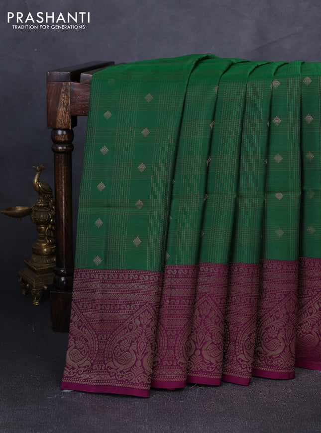 Kanchipuram soft silk saree green and magenta pink with allover zari checks & buttas and long zari woven border