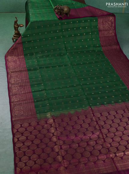 Kanchipuram soft silk saree green and magenta pink with allover zari checks & buttas and long zari woven border