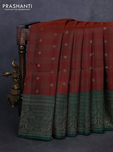 Kanchipuram soft silk saree rust shade and green with allover zari checks & buttas and long zari woven border