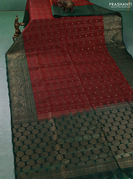 Kanchipuram soft silk saree rust shade and green with allover zari checks & buttas and long zari woven border
