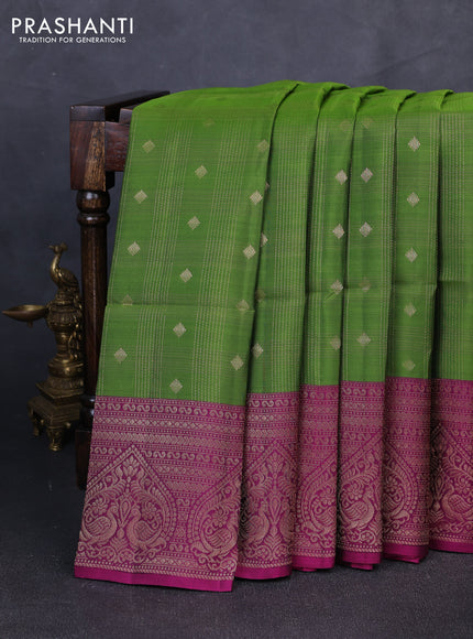 Kanchipuram soft silk saree light green and magenta pink with allover zari checks & buttas and long zari woven border