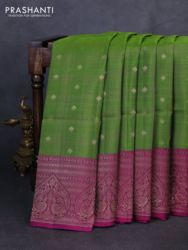 Kanchipuram soft silk saree light green and magenta pink with allover zari checks & buttas and long zari woven border