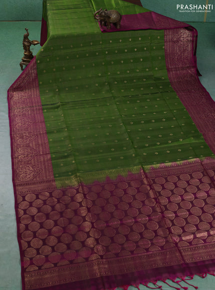 Kanchipuram soft silk saree light green and magenta pink with allover zari checks & buttas and long zari woven border