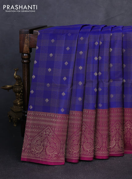 Kanchipuram soft silk saree navy blue and dark magenta pink with allover zari checks & buttas and long zari woven border