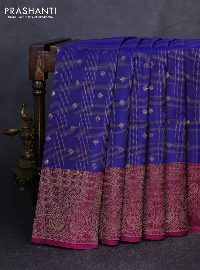 Kanchipuram soft silk saree navy blue and dark magenta pink with allover zari checks & buttas and long zari woven border