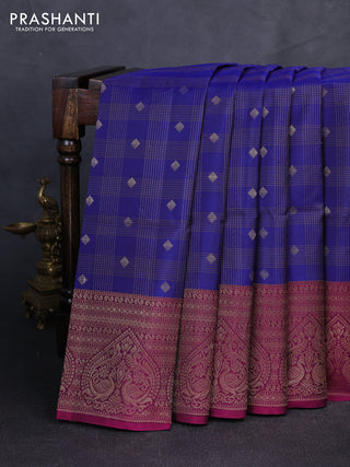Kanchipuram soft silk saree navy blue and dark magenta pink with allover zari checks & buttas and long zari woven border
