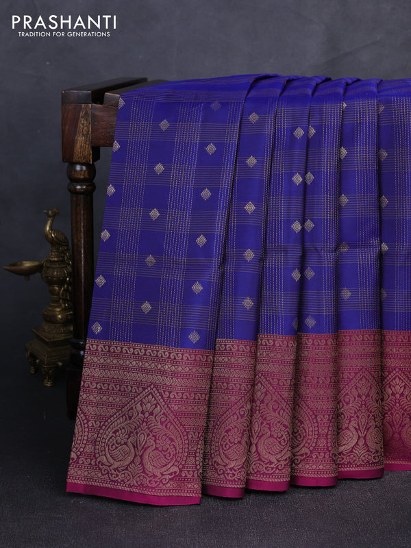 Kanchipuram soft silk saree navy blue and dark magenta pink with allover zari checks & buttas and long zari woven border
