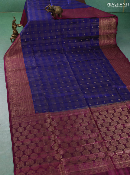 Kanchipuram soft silk saree navy blue and dark magenta pink with allover zari checks & buttas and long zari woven border