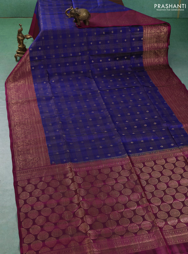 Kanchipuram soft silk saree navy blue and dark magenta pink with allover zari checks & buttas and long zari woven border