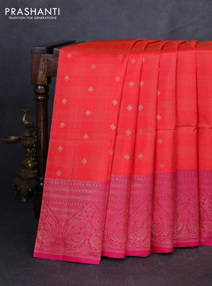 Kanchipuram soft silk saree reddish orange and pink with allover zari checks & buttas and long zari woven border