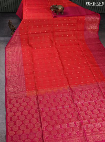 Kanchipuram soft silk saree reddish orange and pink with allover zari checks & buttas and long zari woven border