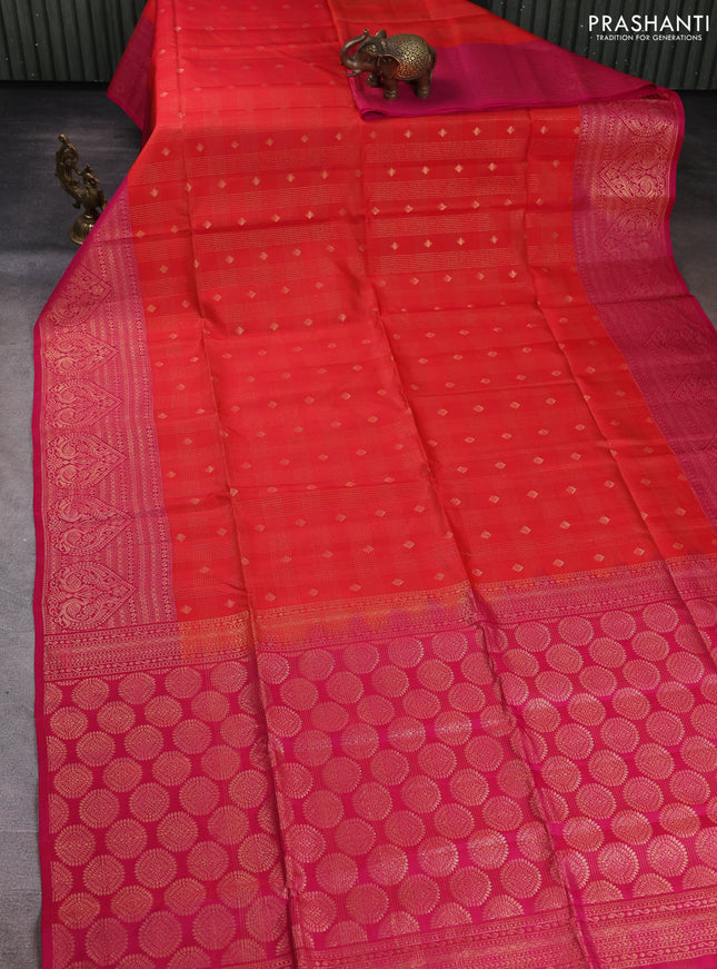 Kanchipuram soft silk saree reddish orange and pink with allover zari checks & buttas and long zari woven border