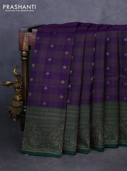 Kanchipuram soft silk saree violet and green with allover zari checks & buttas and long zari woven border