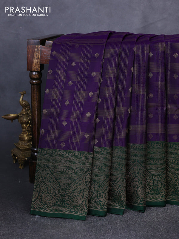 Kanchipuram soft silk saree violet and green with allover zari checks & buttas and long zari woven border