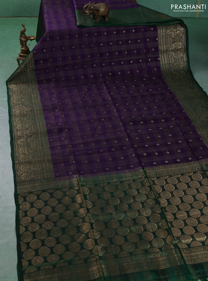 Kanchipuram soft silk saree violet and green with allover zari checks & buttas and long zari woven border