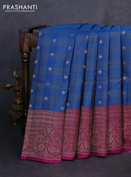 Kanchipuram soft silk saree peacock blue and magenta pink with allover zari checks & buttas and long zari woven border