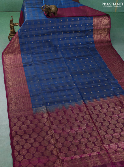 Kanchipuram soft silk saree peacock blue and magenta pink with allover zari checks & buttas and long zari woven border