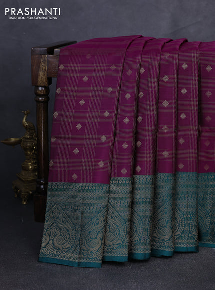 Kanchipuram soft silk saree dark magenta pink and peacock green with allover zari checks & buttas and long zari woven border