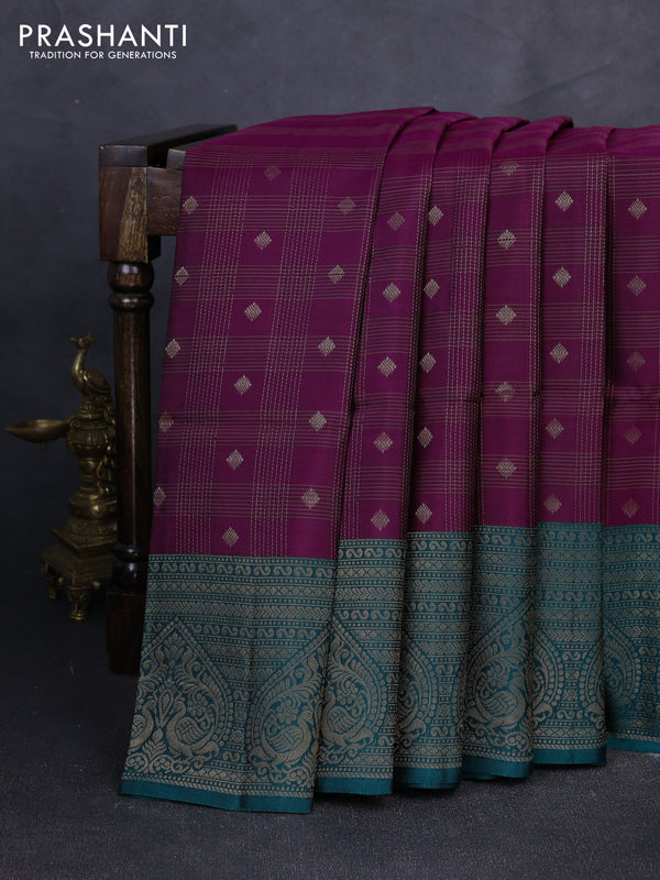 Kanchipuram soft silk saree dark magenta pink and peacock green with allover zari checks & buttas and long zari woven border