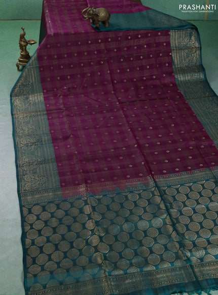 Kanchipuram soft silk saree dark magenta pink and peacock green with allover zari checks & buttas and long zari woven border