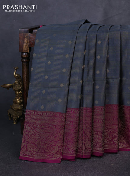 Kanchipuram soft silk saree grey and magenta pink with allover zari checks & buttas and long zari woven border