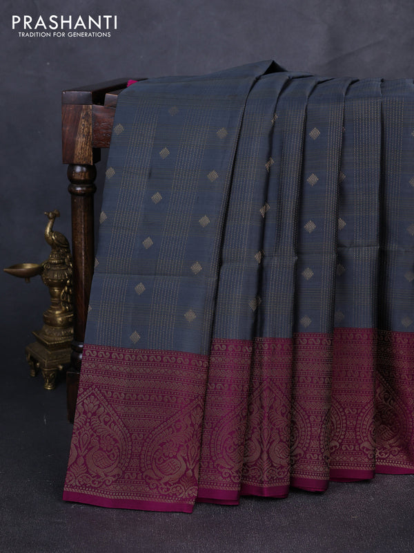 Kanchipuram soft silk saree grey and magenta pink with allover zari checks & buttas and long zari woven border