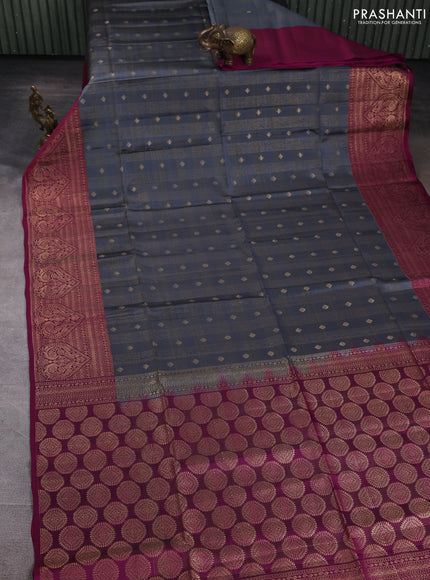 Kanchipuram soft silk saree grey and magenta pink with allover zari checks & buttas and long zari woven border