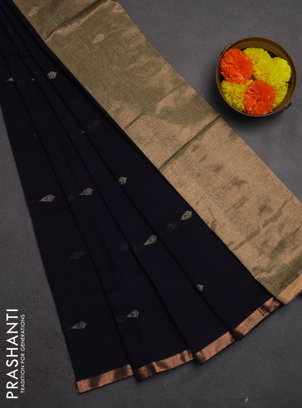Bengal soft cotton saree navy blue with allover thread woven buttas and zari woven border
