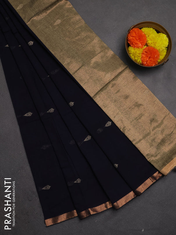 Bengal soft cotton saree navy blue with allover thread woven buttas and zari woven border