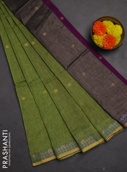 Bengal soft cotton saree light green and purple with allover thread woven buttas and temple design thread & zari woven border