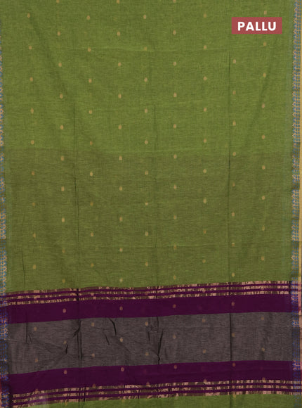 Bengal soft cotton saree light green and purple with allover thread woven buttas and temple design thread & zari woven border