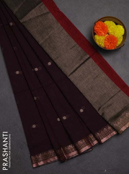 Bengal soft cotton saree deep wine and maroon with allover thread woven buttas and temple design thread & zari woven border