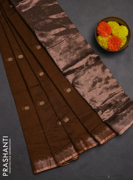Bengal soft cotton saree dark mustard with allover thread woven buttas and temple design zari woven border