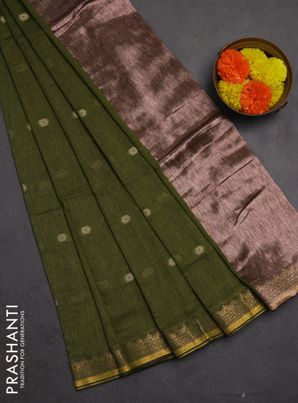 Bengal soft cotton saree mehendi green with allover thread woven buttas and temple design zari woven border
