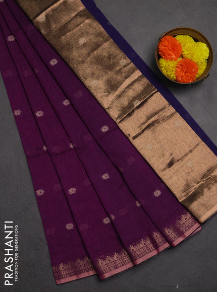 Bengal soft cotton saree purple and navy blue with allover thread woven buttas and temple design zari woven border