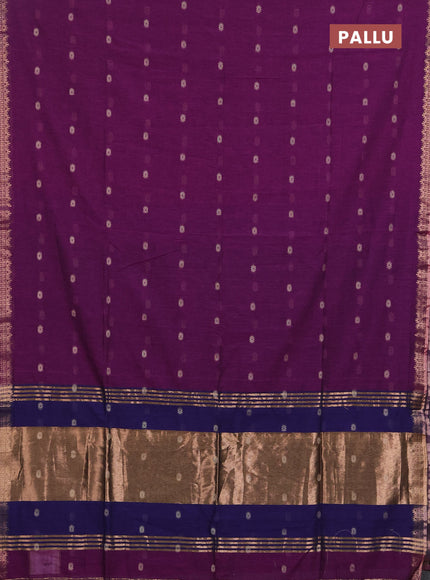 Bengal soft cotton saree purple and navy blue with allover thread woven buttas and temple design zari woven border