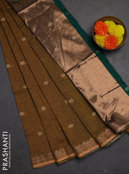 Bengal soft cotton saree dark mustard and green with allover thread woven buttas and temple design zari woven border