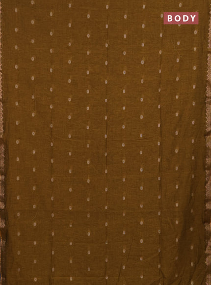 Bengal soft cotton saree dark mustard and green with allover thread woven buttas and temple design zari woven border