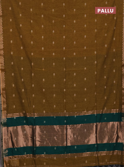 Bengal soft cotton saree dark mustard and green with allover thread woven buttas and temple design zari woven border