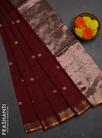 Bengal soft cotton saree maroon with allover thread woven buttas and temple design zari woven border