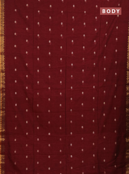 Bengal soft cotton saree maroon with allover thread woven buttas and temple design zari woven border