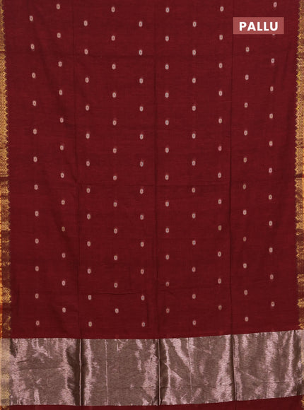 Bengal soft cotton saree maroon with allover thread woven buttas and temple design zari woven border