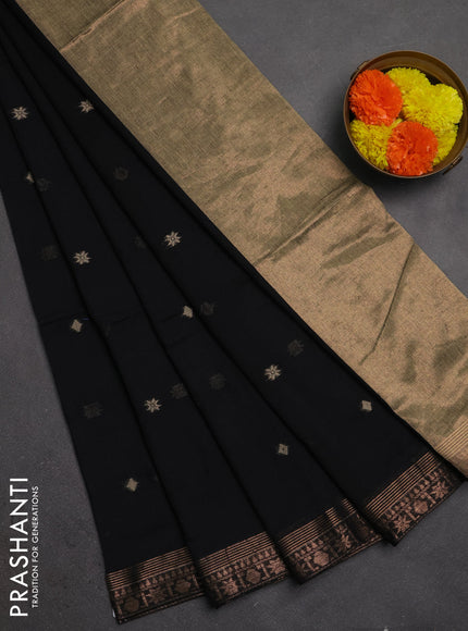 Bengal soft cotton saree black with allover thread woven buttas and copper zari woven border