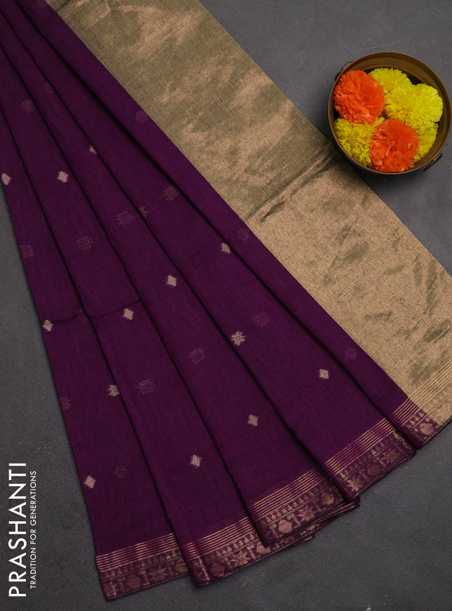 Bengal soft cotton saree purple with allover thread woven buttas and copper zari woven border