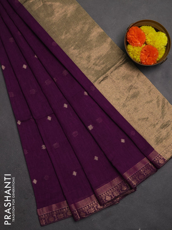 Bengal soft cotton saree purple with allover thread woven buttas and copper zari woven border