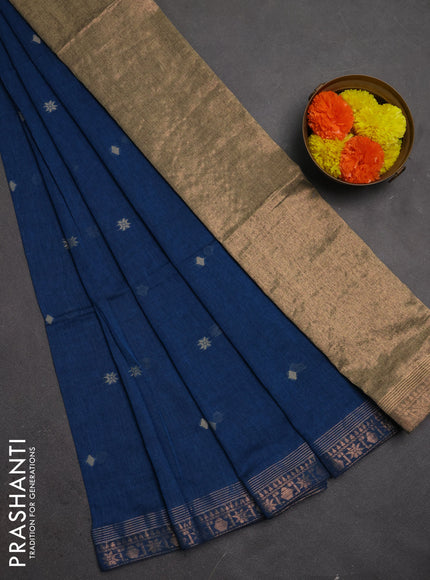 Bengal soft cotton saree cs blue with allover thread woven buttas and copper zari woven border